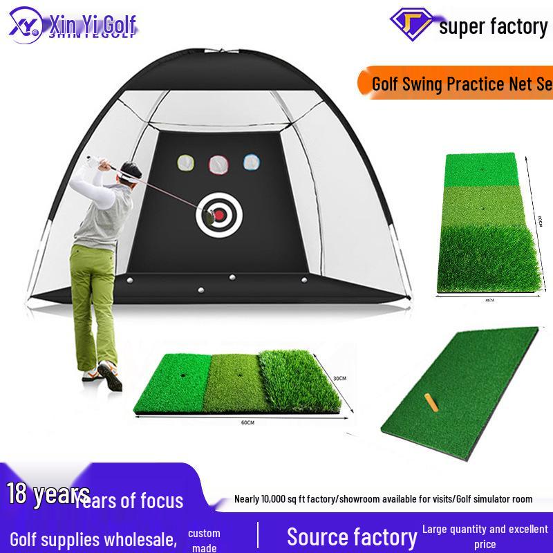 Portable Golf Practice Set: Indoor/Outdoor Swing Trainer & Chipping Net with Three Grass Hitting Mat