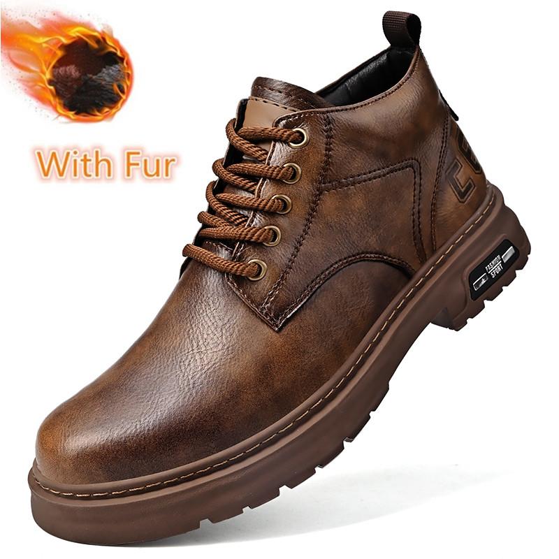 

Casual Comfortable Men Footwear Leather Stylish Mens Leisure Boots 2024 Luxury Ankle Boots Lace-Up Warm Plush Fur Winter Boots 44