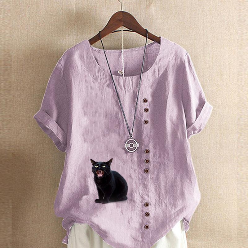 Damenmode, T-Shirt mit schwarzem Katzen-Print, kurzärmelig, lockeres Baumwollhemd, lässige Sommerbluse, Tops, Übergröße