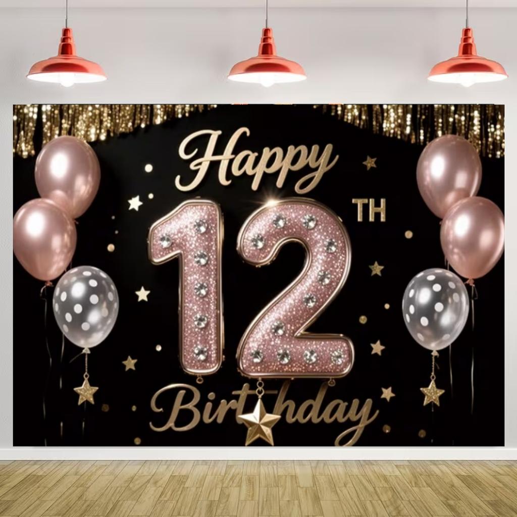 Happy 12th Birthday Banner Black Gold Balloon Background Party Decoration Boys Girls Birthday  Photography Backdrop Kids Gifts