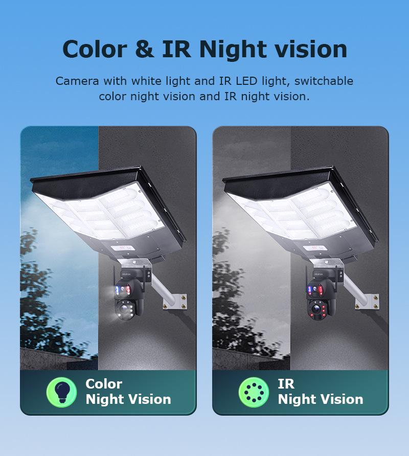 6MP Outdoor Solar Street Light Camera, 20X Zoom, Full Color Night Vision, PTZ, Dual Picture