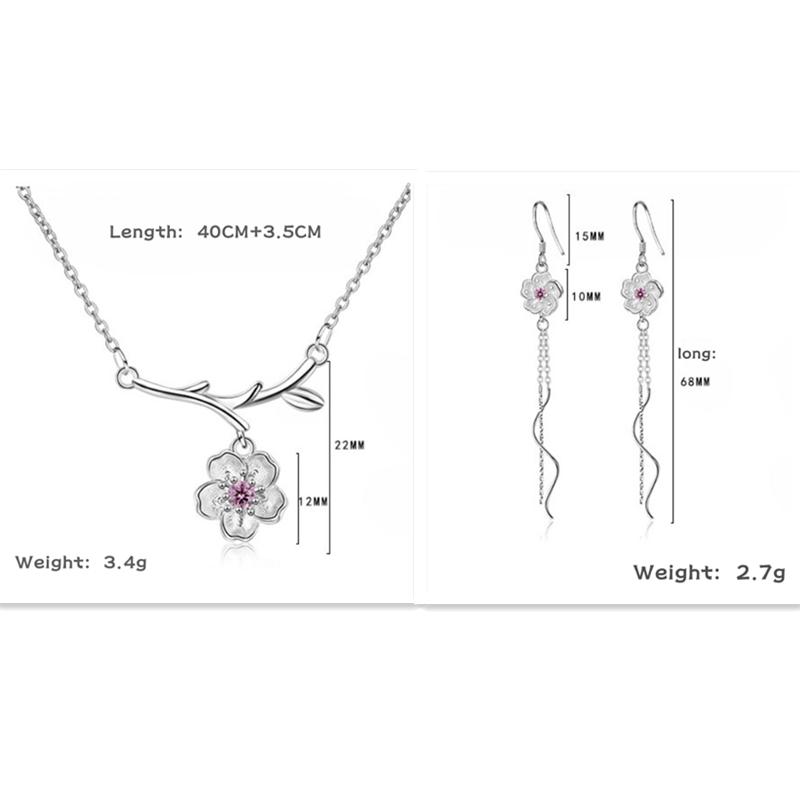Lihong 925 Silver Pendant Necklace Earrings Sakura Tassel Set Engagement Jewelry Gifts for Women