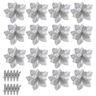 Christmas Glitter Artificial Flowers with Clips Xmas Tree Ornaments Hollow Flower Wedding Party New Year Decoration