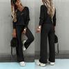 Women Casual Loose Long Sleeve V Neck Knit Two Piece Top Wide Leg Pants Set Autumn Winter