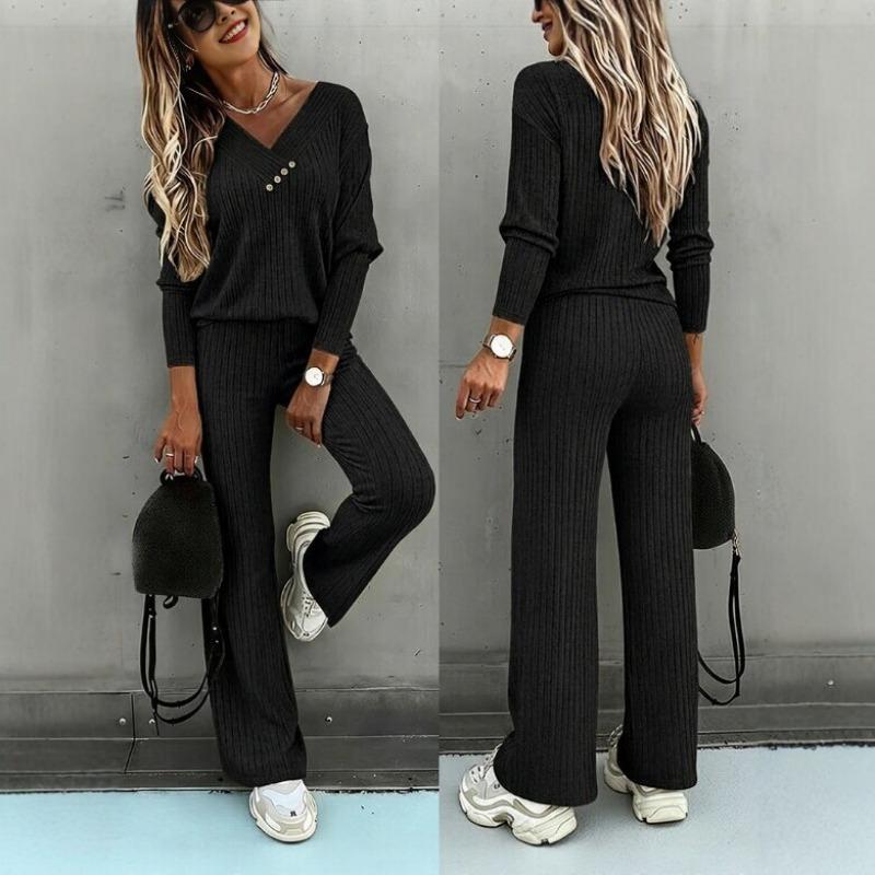Women Casual Loose Long Sleeve V Neck Knit Two Piece Top Wide Leg Pants Set Autumn Winter