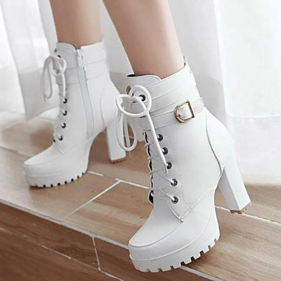 Women's Chunky Heel Waterproof Platform Martin Boots with Belt Buckle and Lace-up Design