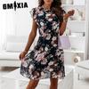 GMXIA Mode Damen Lässig Locker O-Ausschnitt Schmetterlingsärmel Blumenmuster Kleid