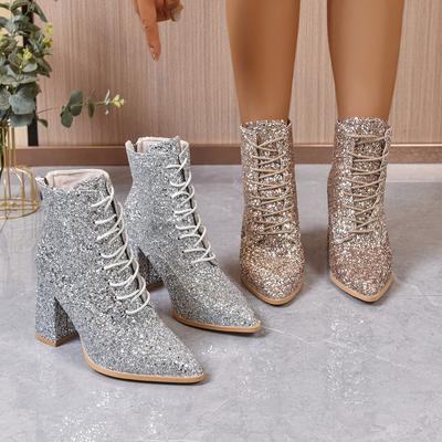 Fashion Elegant Women Ankle Boots Winter Lace Up Bling Bling Fashion Mid Calf Boots Women Large Size Sexy Luxury High Heels Shoes Women
