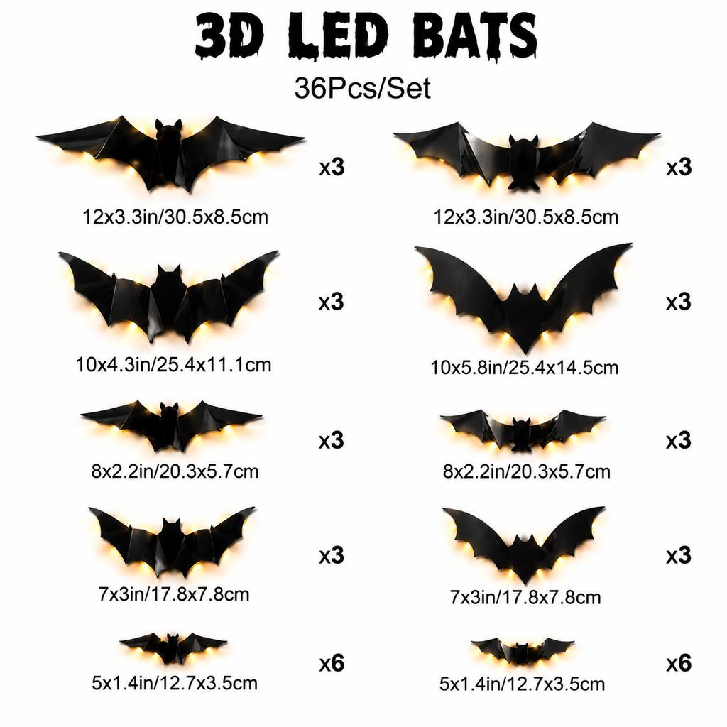 Halloween 3D LED Bat Wall Decals Set (36 Pcs)