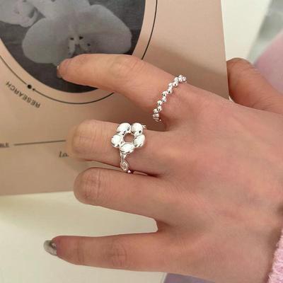 Sweet Hollow Floral Adjustable Stackable Ring with Irregular Beads for Women - Unique Personality Design