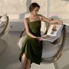 Summer New Medium Length Avocado Green Small Fairy Skirt Word Waist Drawstring Suspender Holiday Dress Woman