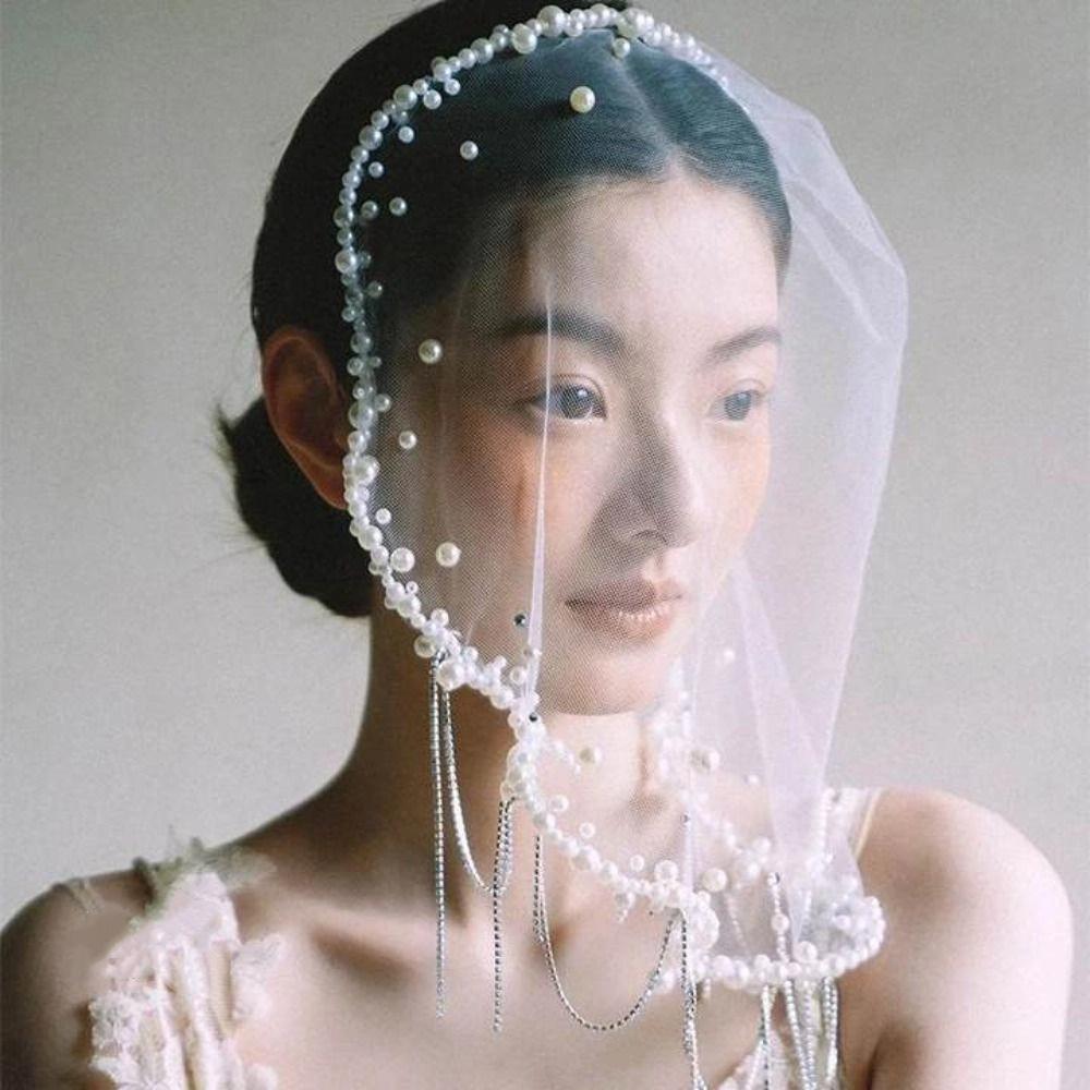 Tassels Wedding Veils Pearls Beads Bride Head Gauze Elegant Brides Veil Bride Jewelry