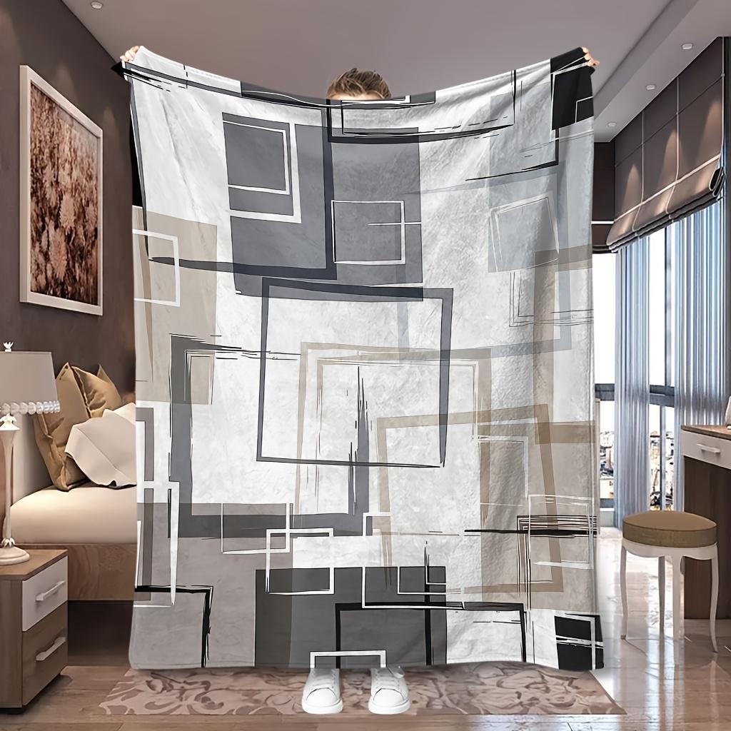 1pc Black White Gray Square Stack Abstract Line Print Flannel Blanket, Portable And Practical, Suitable for Blankets, Bed Covers, Dormitory, Travel, A