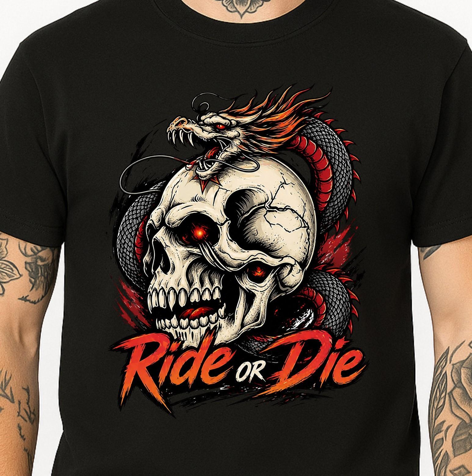 Ride Or Die Skull Dragon Japanese Gothic Tattoo Biker Graphic T-Shirt. XXL