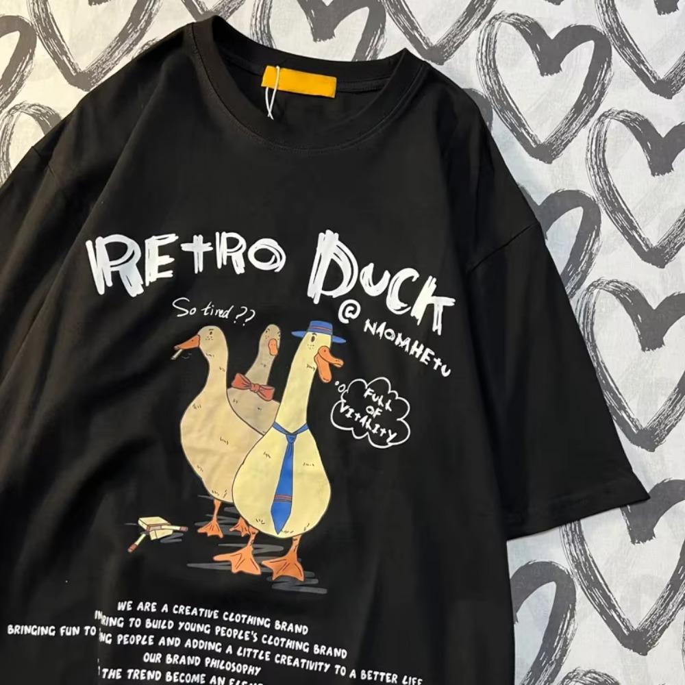 Three Ducks Ah American Retro Cartoon Printed Short Sleeved T-shirt For Men Women Couple Loose And Versatile Student Top Tee
