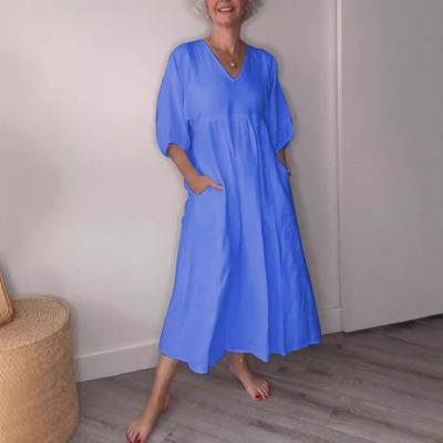 Women Dress A-line V Neck Solid Color Pleated Three Quarter Sleeve Dress with