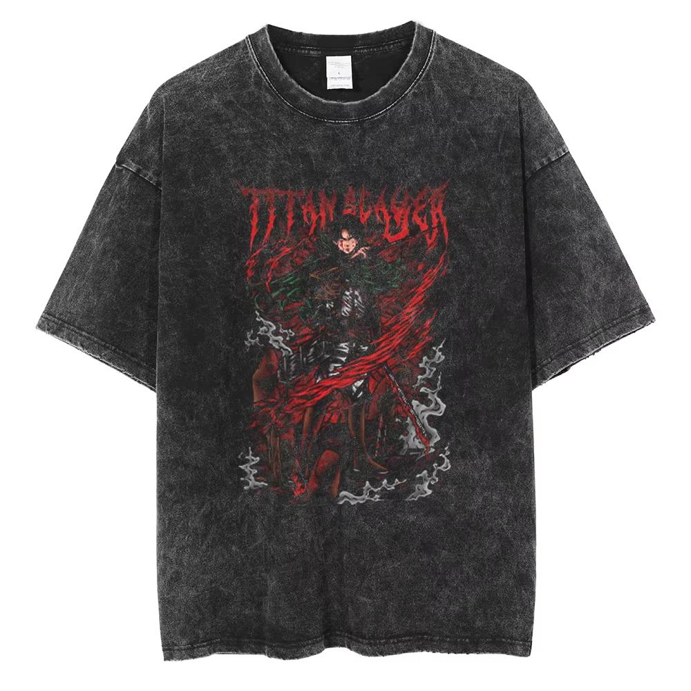 Anime Attack on Titan Levi Graphic Washed T Shirt Men Vintage Cotton T-shirts Casual Manga TShirt Harajuku Tops