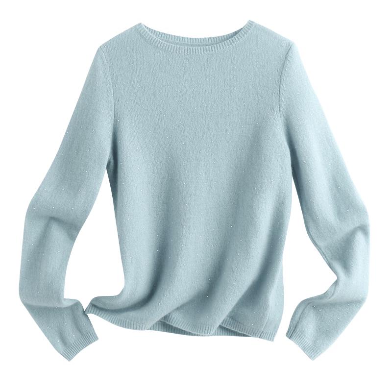 PALUOPO Women's Rhinestone Round Neck Cashmere Pullover Sweater
