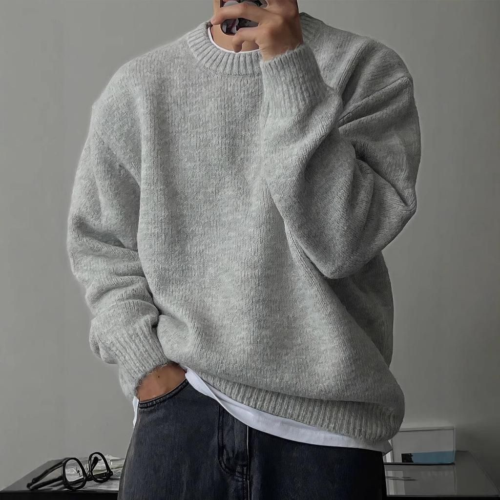 Men's Solid Color Round Neck Knit Sweater - Warm, Thick, and Versatile for Spring and Autumn