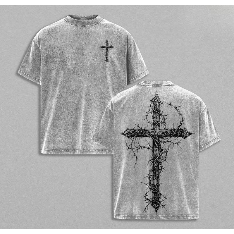 Dornenkreuz Gotisches Kreuz T-Shirt Gewaschen Biblisches Kreuz Kunst T-Shirt Jesus T-Shirt , Cr