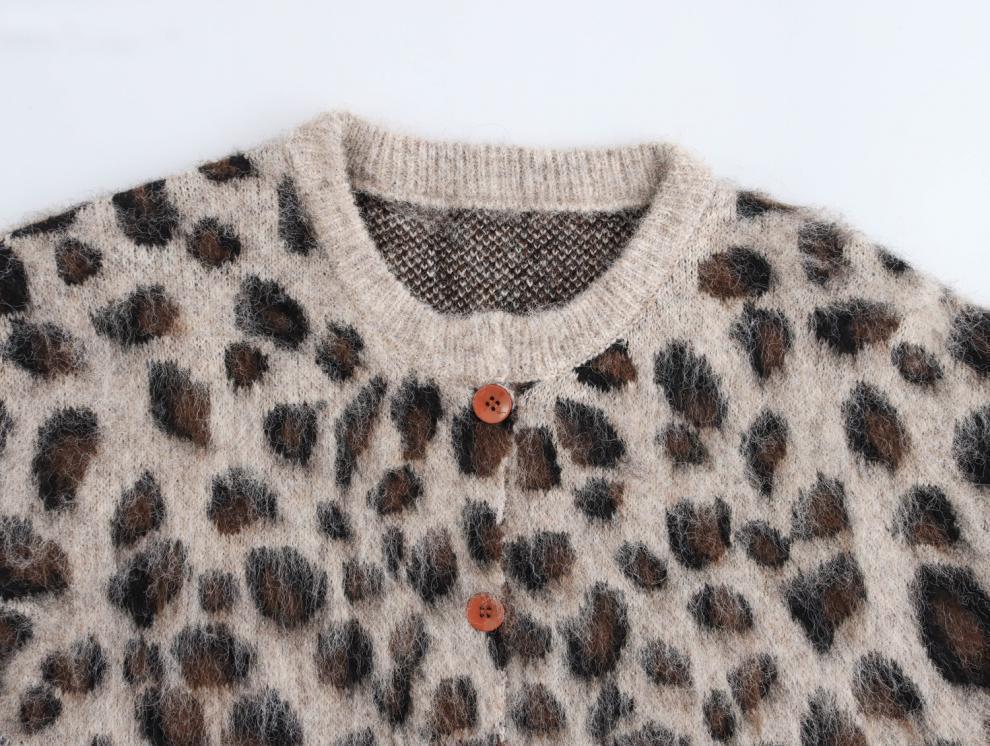 Leopard Print Round Neck Ribbed Knit Cardigan - European & American Style