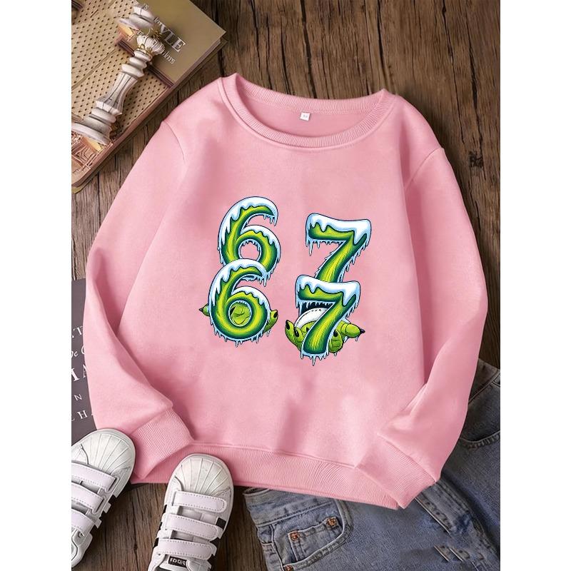 Winter Kids Sweatshirt Over 4Y Unisex Boys Girls Green Monster Icicle Number 67 Graphic Crewneck Soft Fleece Pullover For 4-12 Years Old Children