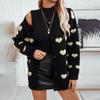 Cardigan lavorato a maglia con stampa a cuore vintage, manica lunga larga, scollo a V, top per Autunno Inverno, maglione