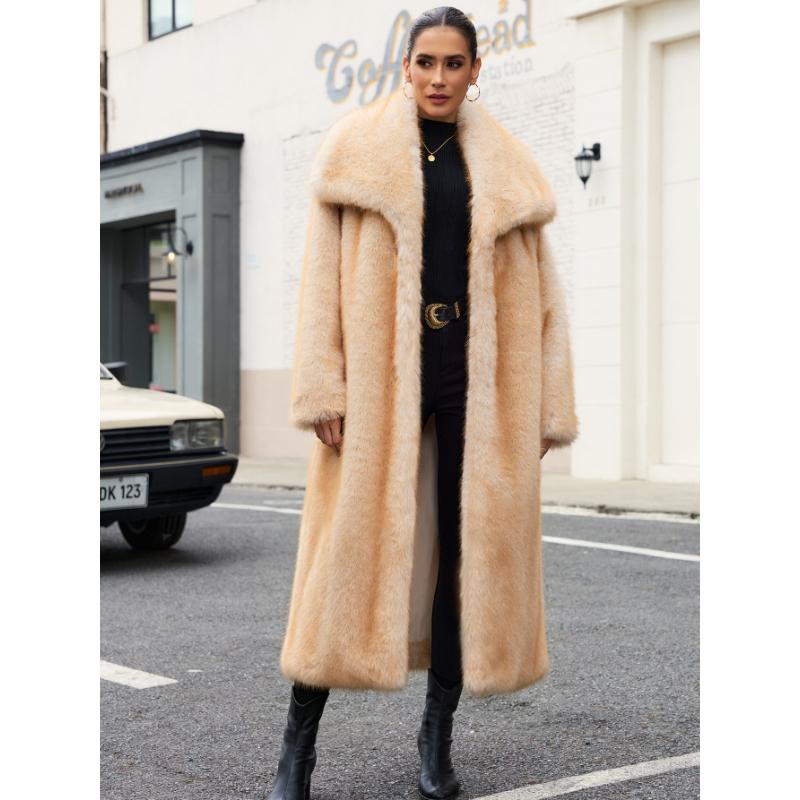 Shaggy Faux Fur Warm Maxi Overcoat for Women Luxury Lapel Open Front Fluffy Winter Parka Outwear Long Jackets Women's Long Sleeve Shawl Collar Coats