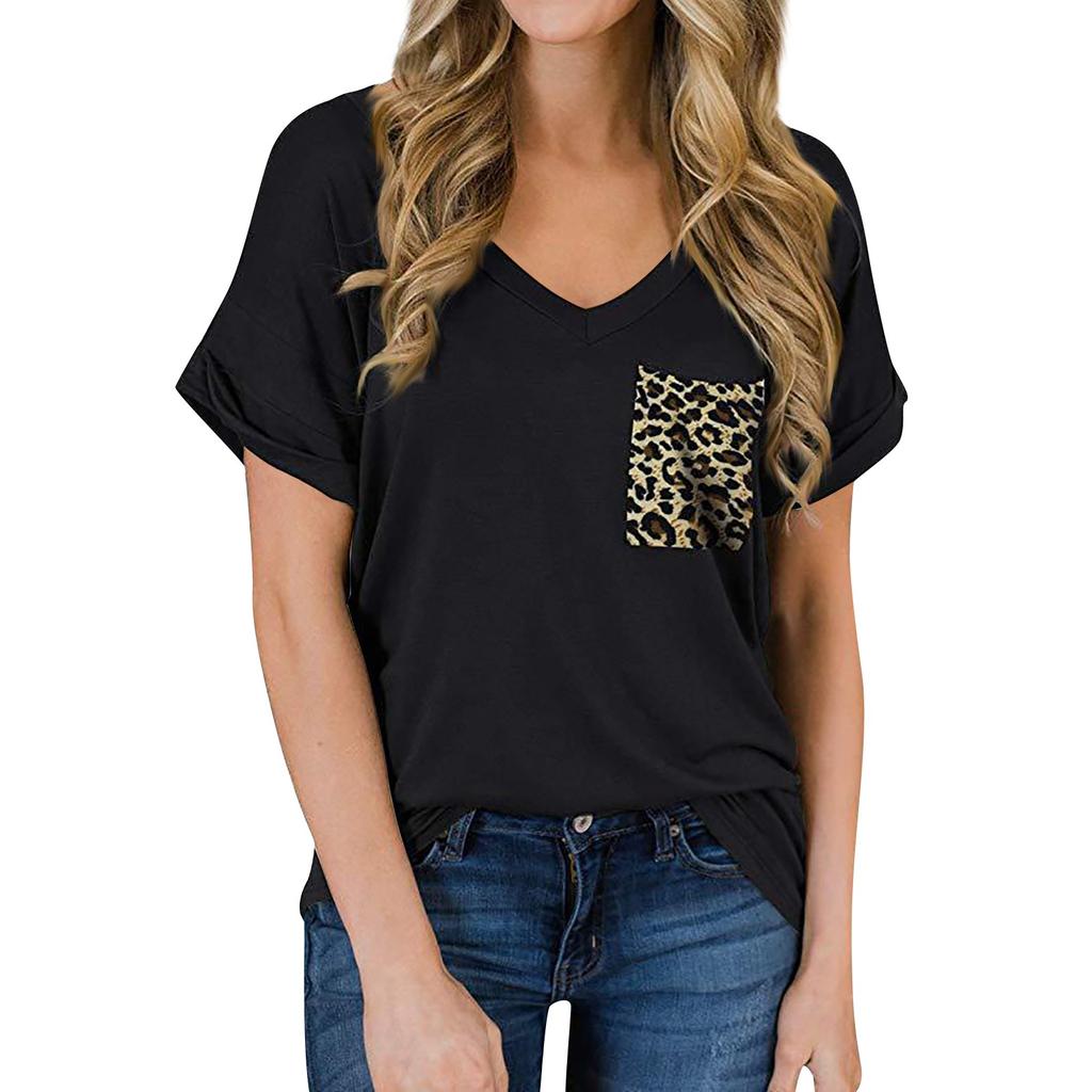 Women's Fashion Spring/summer V-neck Pocket T-shirt With Rolled Edge Short-sleeved Loose Top