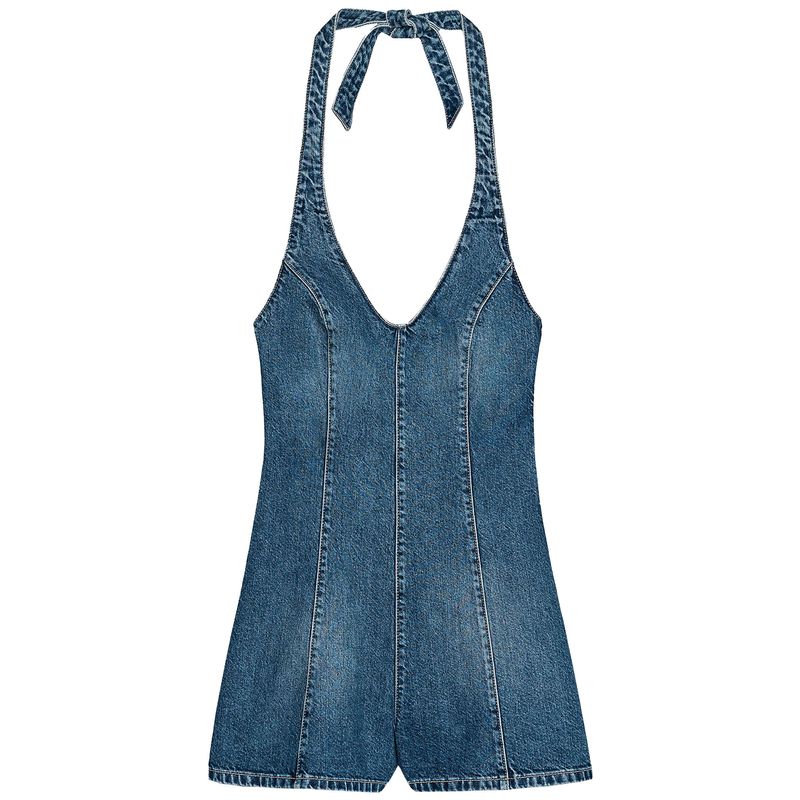 Zaprha 2025 New Neck Collar Backless Denim Jumpsuit Women Small Wide Leg Shorts 4365084
