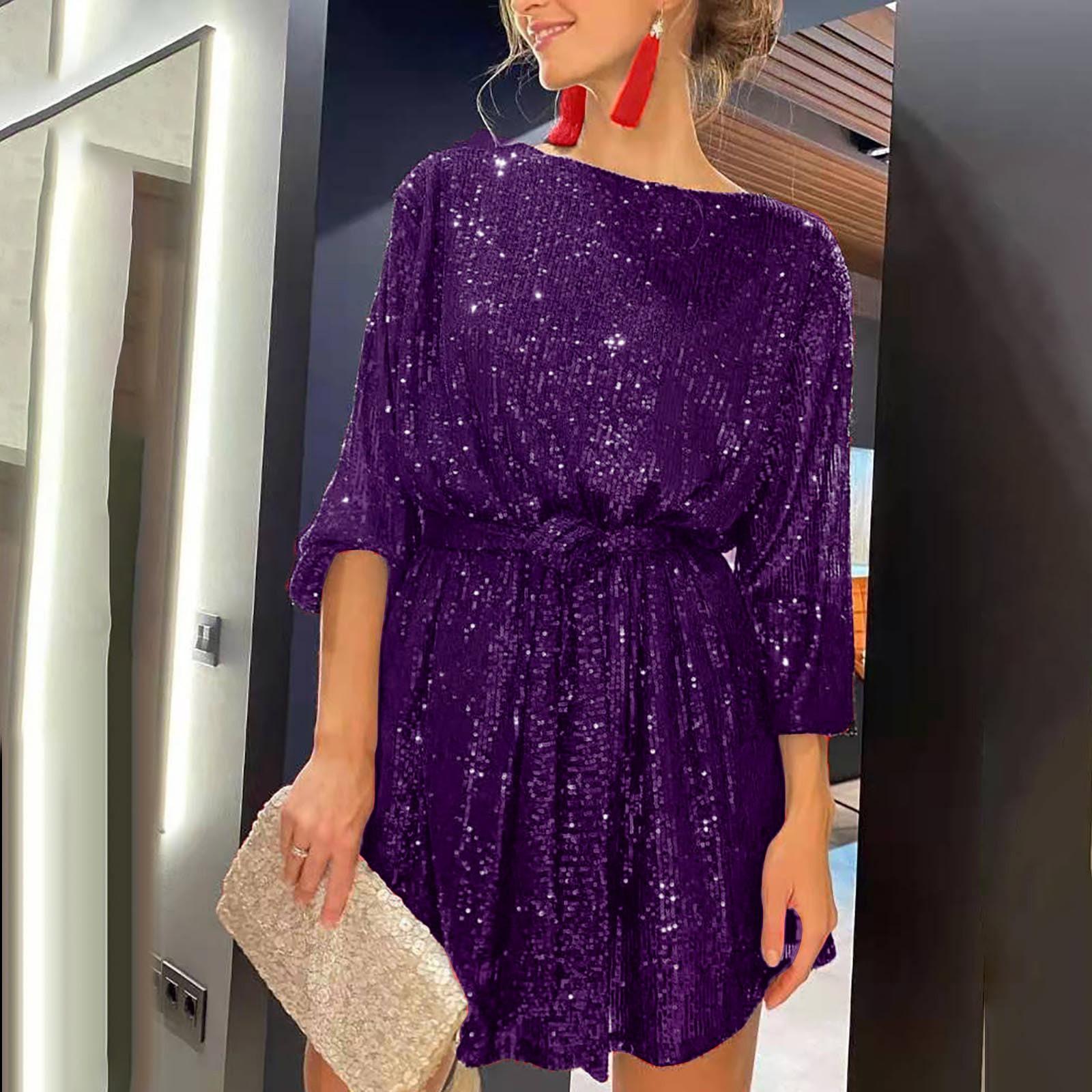 

Женское модное свободное платье с длинными рукавами и прямыми блестками, вечернее платье с блестками и бисером XXL фиолетовый