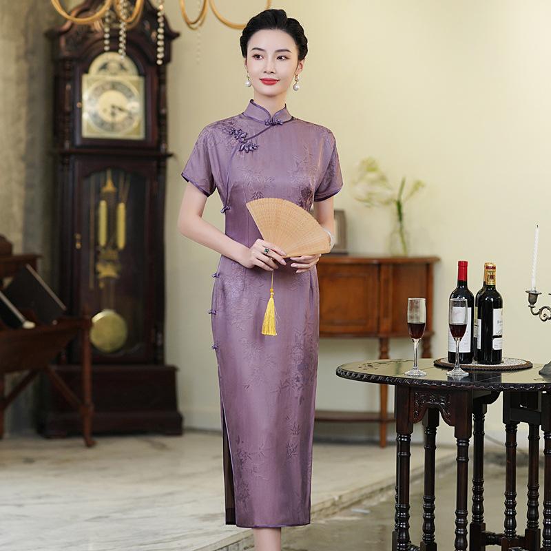 High-end silk cheongsam 1011 new Chinese retro daily mulberry silk cheongsam dress slim temperament long
