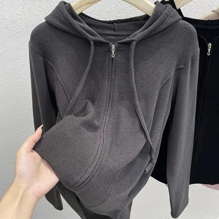

Женская укороченная куртка-худи облегающего кроя, однотонная, на молнии, модная, в стиле кэжуал, верхняя одежда, пальто для весны и осени XXL темно-серого