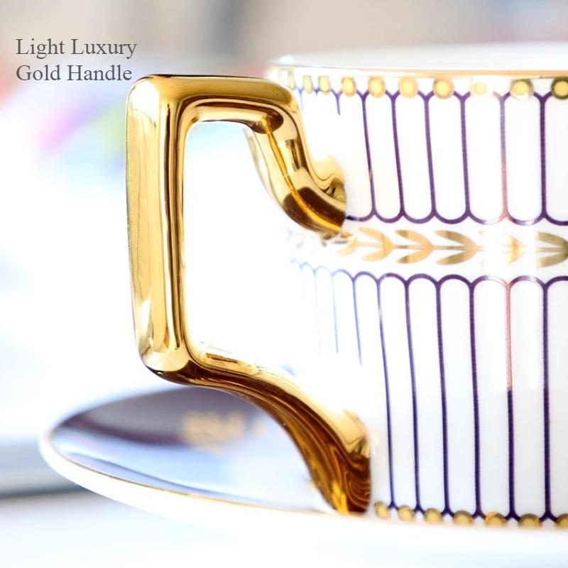 Sady kávových šálků a podšálků z jemného kostního porcelánu, 270 ml, krásně glazovaný šálek na čaj se zlatým lemem a uchem, keramické kávové šálky se zlatou lžičkou