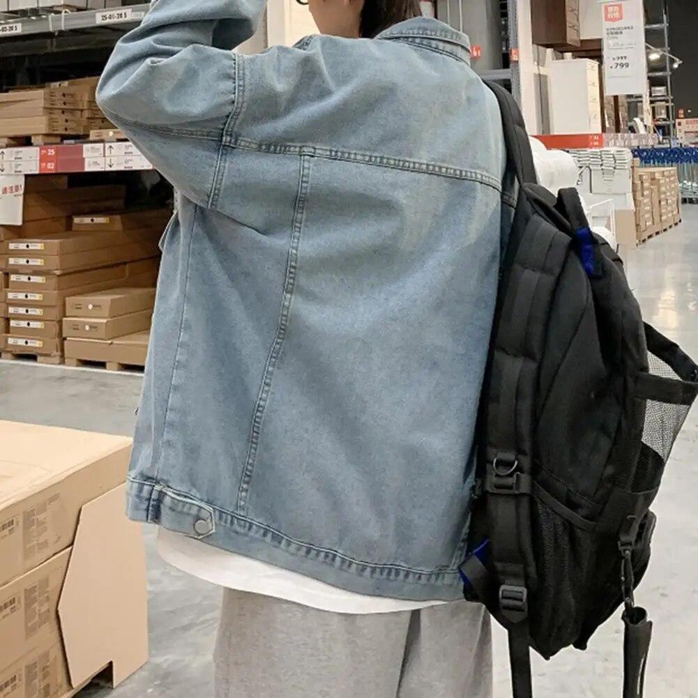 Men Denim Jacket Stylish Men's Denim Jacket Men Autumn Jacket Long Sleeves Thermal Buttons Pure Color Autumn Denim Jacket for Daily Wear