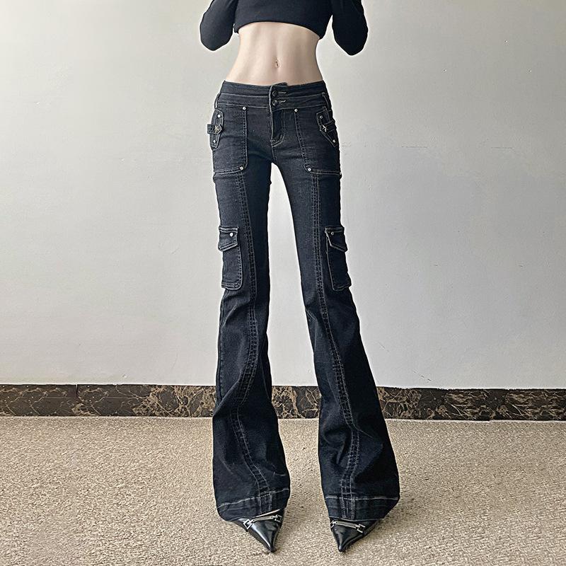 Personlige Amerikansk Retro Arbeidsklær Stil Lomme Denim Mikro Utsvingte Bukser med Vasket Vann og Distressed Design, Lav Midje Spicy Jente Hverdagsbukser