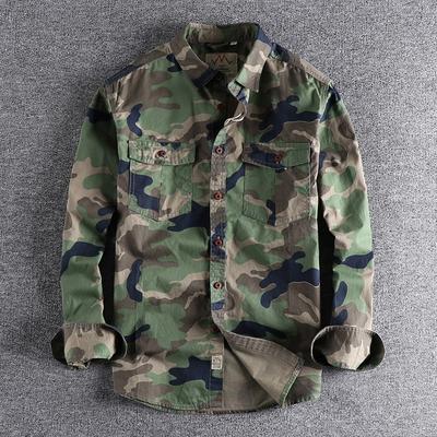 Chemise à manches longues Camouflage Lavé American Tooling pour Homme Double Poche Polyvalente Décontractée Militaire Jeune