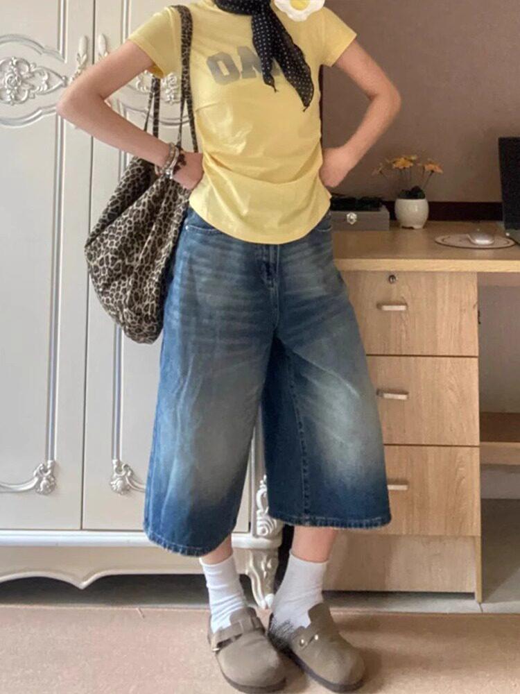 American Women's Plus Size High-Waist Denim Capris - Slimming Mid-Length, Loose Wide Leg for Summer