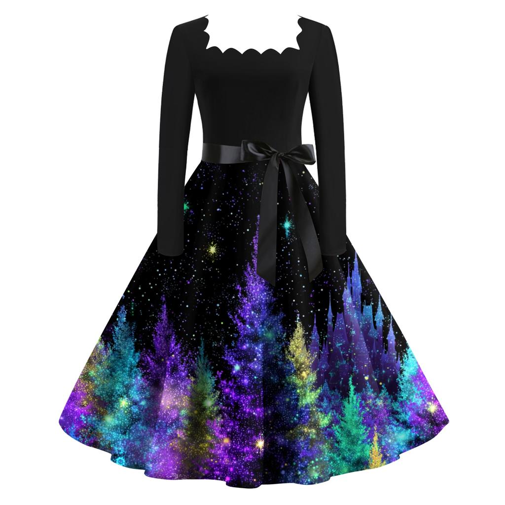 Women's Fashion Retro Long-sleeved Square Collar Christmas Printed Evening Dress