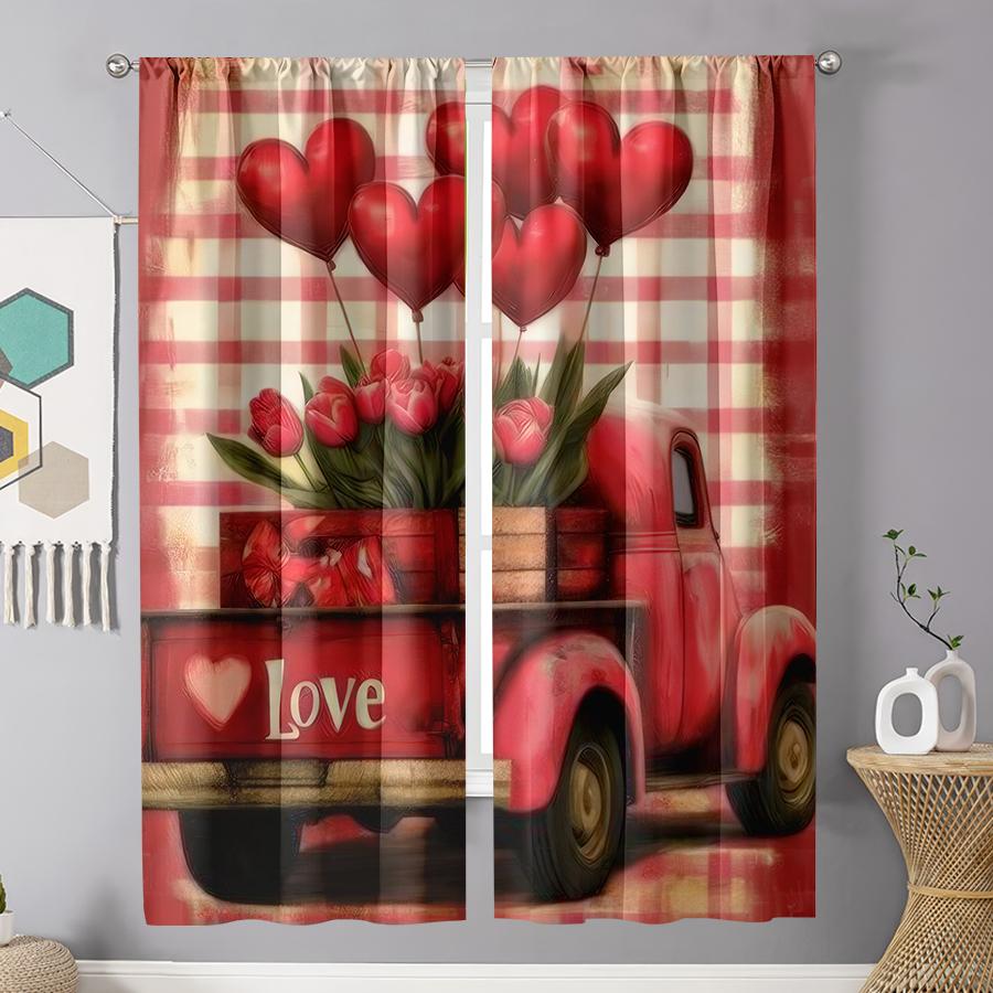 2pcs Rustic Red Truck & Love Heart Curtains   Perfect for Valentine's Day Window Decor  Rod Pocket Curtains
