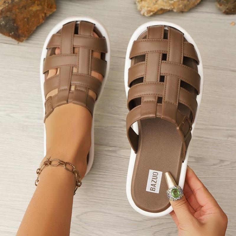 Fashion new Summer women's outdoor slippers Flat bottomed Baotou Muller Weaving design