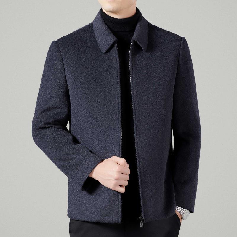 Winter Cashmere Jacket with Woolen Down Liner for Middle-Aged & Elderly Men - Short Stand Collar
