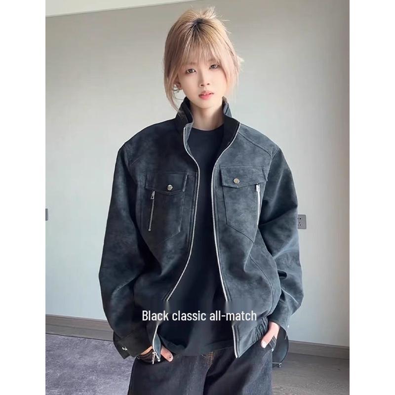 WIND BLOWS2025 Short Spring Stand Collar Unisex PU Leather Jacket with Loose Sleeves - Trendy Design Medium чёрный