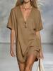 Women's Short Sleeve V Neck Button Front Casual Dress Multi Color