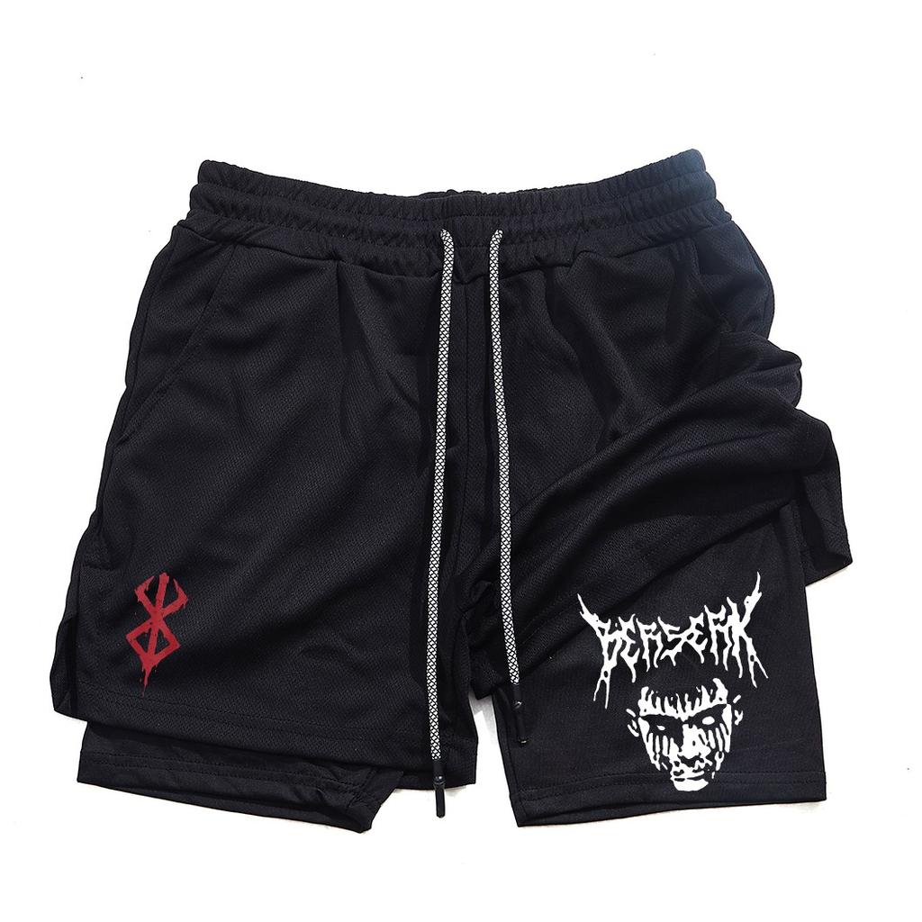 Pantalones cortos de gimnasio para hombre, ropa deportiva 2 en 1 de Anime para correr, trotar, entrenamiento, Yoga, baloncesto