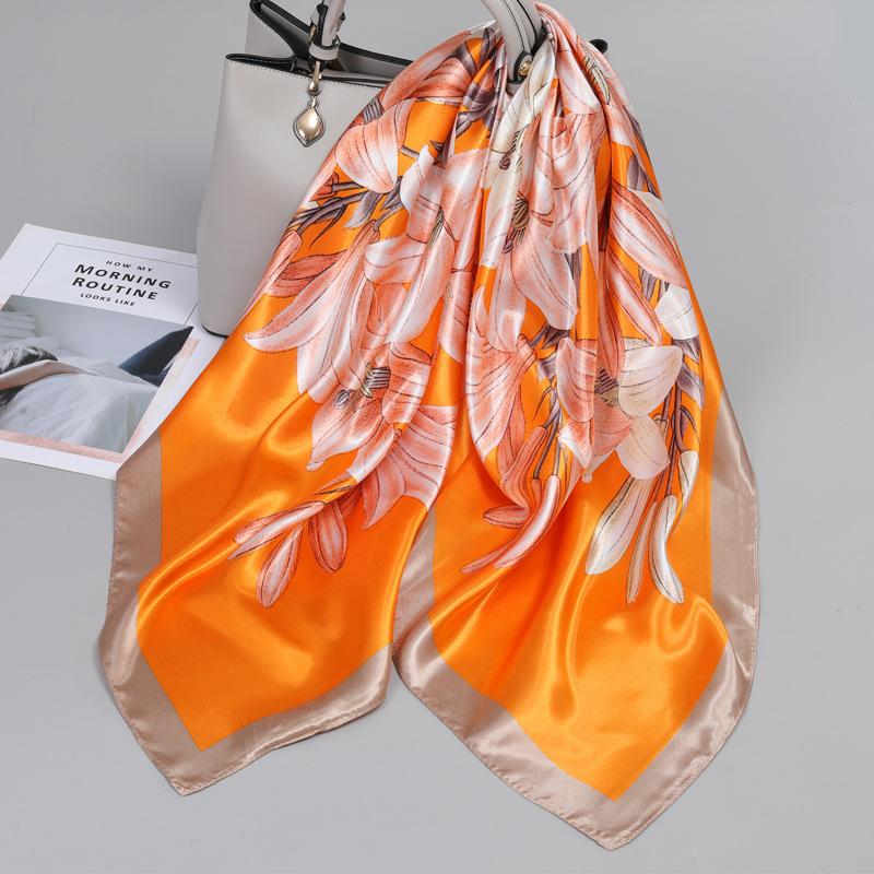 90*90Cm Women Elegant Floral Printed Square Imitation Silk Scarf Hijab Women Luxury Sunscreen And Dustproof Kerchief Head Scarf
