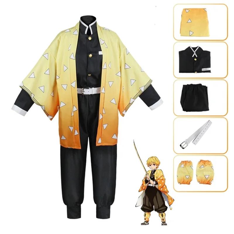 Costume Cosplay Kimono Uniforme Agatsuma Zenitsu Anime Demon Slayer Kimetsu No Yaiba per Adulti e Bambini Costumi per Feste di Halloween