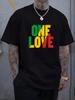 Unisex Summer Black Short Sleeve Tee One Love Rasta Color Letter Print Crew Neck Loose Reggae Streetwear Male Fashion Casual Top