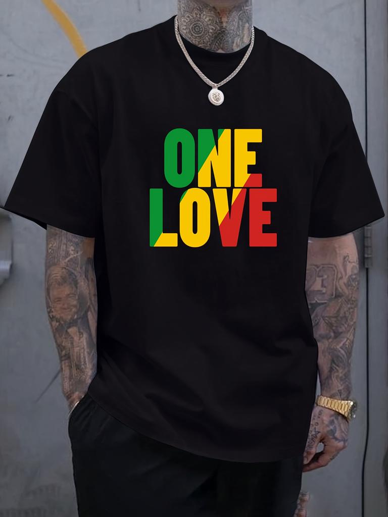 Unisex Summer Black Short Sleeve Tee One Love Rasta Color Letter Print Crew Neck Loose Reggae Streetwear Male Fashion Casual Top