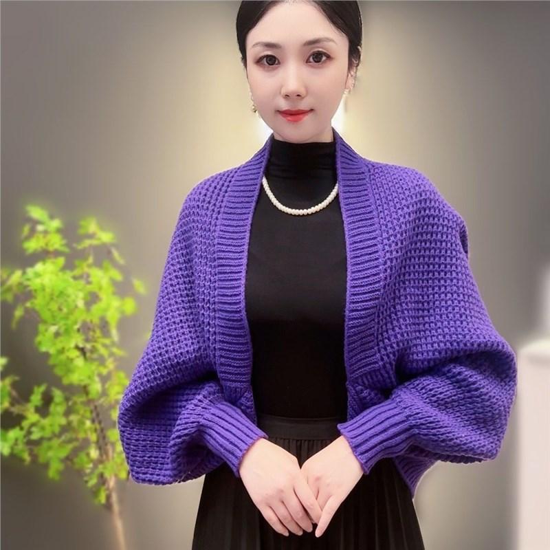 

Кардиган тонкої в язки вафельним візерунком зі стильним довгим рукавом, тепла в язана шаль для осінньо-зимової моди, трендовий та універсальний шаль-верхній одяг Size: One Size фіолетовий